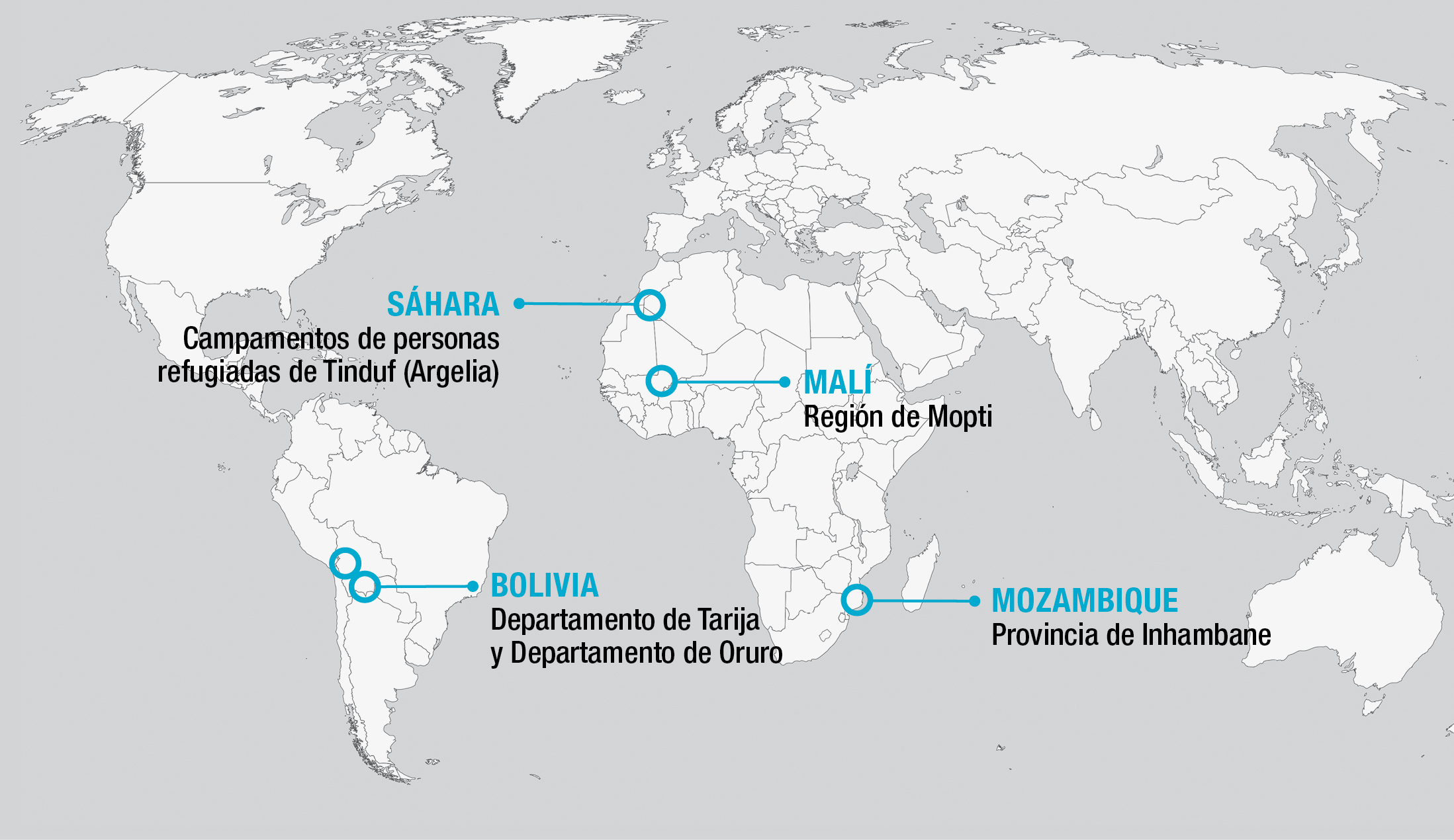 Mapa del mundo donde se señalan las áreas donde coopera Ojos del mundo: campamentos de personas refugiadas saharauis de Tindouf (Argelia), región de Mopti en Mali, Departamento de Tarija y Oruro en Bolivia, y provincia de Inhambane en Mozambique.