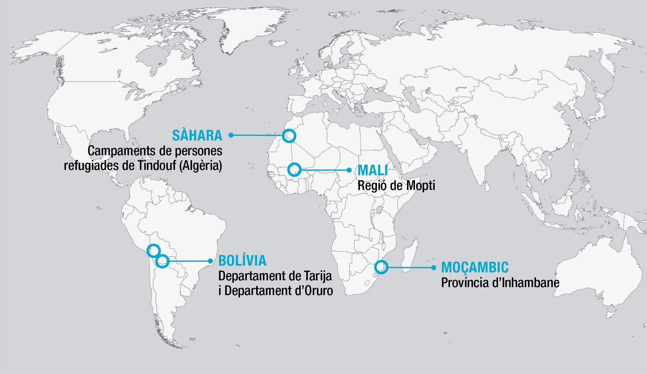 Mapa del món on s'assenyalen les àrees on coopera Ulls del món: campaments de persones refugiades sahrauís de Tindouf (Algèria), regió de Mopti a Mali, Departament de Tarija i Oruro a Bolívia, i província d'Inhambane a Moçambic.