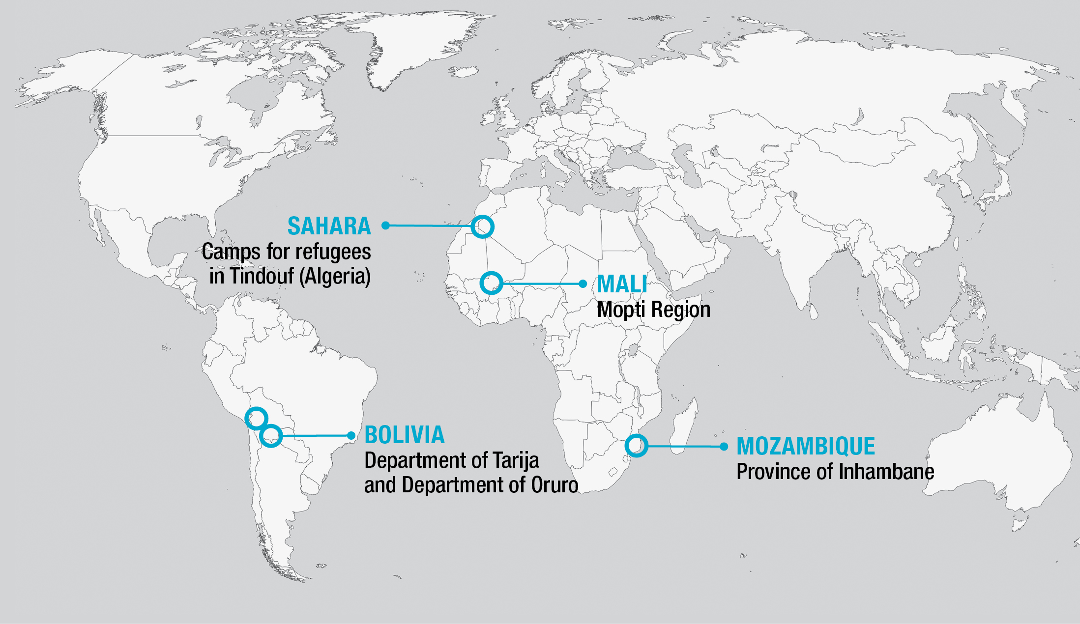 Map of the world showing the areas where Eyes of the world cooperates: Sahrawi refugee camps in Tindouf (Algeria), Mopti region in Mali, Tarija and Oruro departments in Bolivia, and Inhambane province in Mozambique.